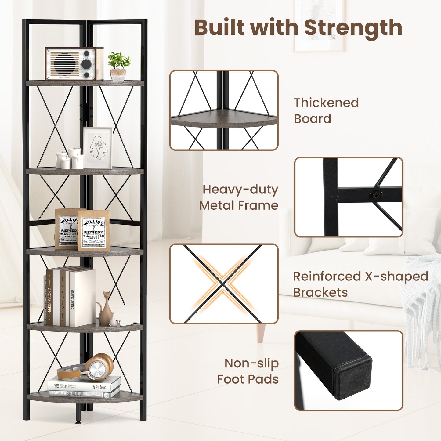 5-Tier Freestanding Corner Shelf 63 Inch Tall Storage Rack-Oak Kids Crystal
