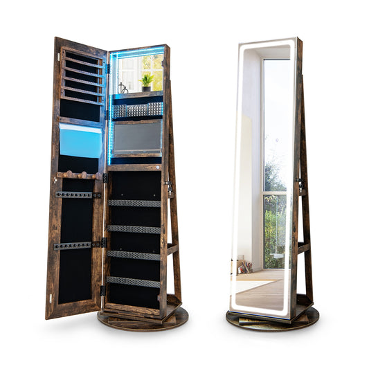 Standing Jewelry Cabinet with Adjustable LED Lights-Coffee Kids Crystal