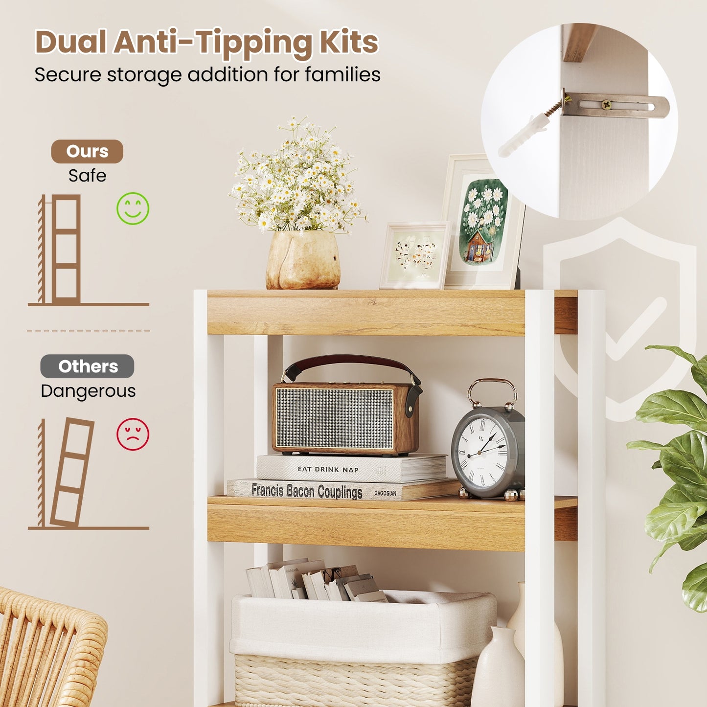 4 Tier Bookshelf Wooden Bookcase with Dual Anti-Tipping Kits-Natural Kids Crystal