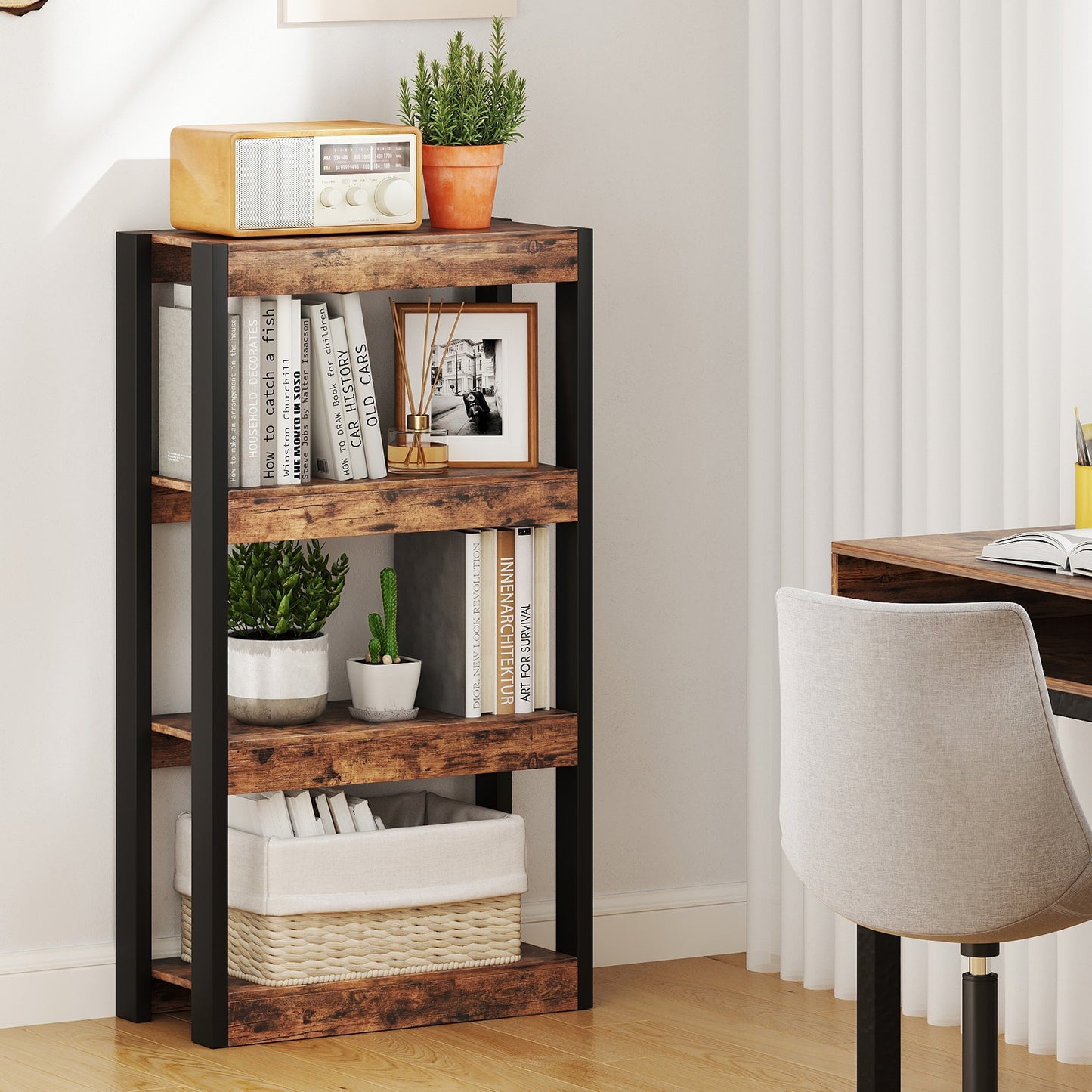 4 Tier Bookshelf Wooden Bookcase with Dual Anti-Tipping Kits-Rustic Brown Kids Crystal