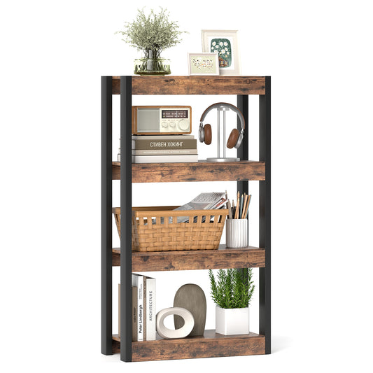 4 Tier Bookshelf Wooden Bookcase with Dual Anti-Tipping Kits-Rustic Brown Kids Crystal