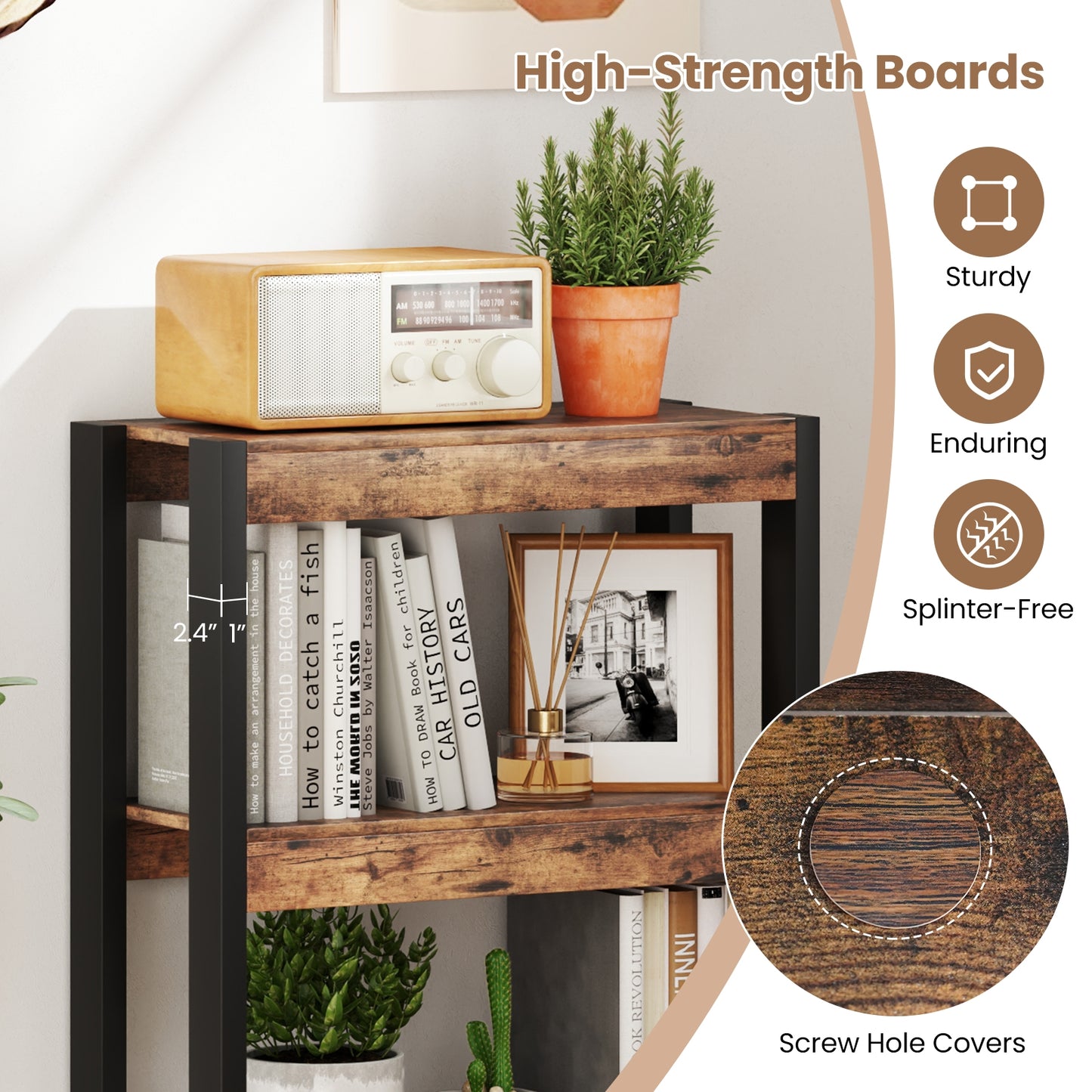 4 Tier Bookshelf Wooden Bookcase with Dual Anti-Tipping Kits-Rustic Brown Kids Crystal