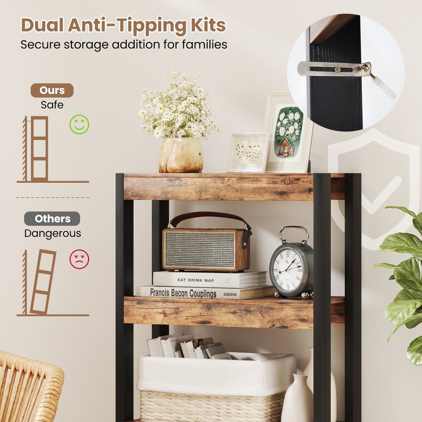 4 Tier Bookshelf Wooden Bookcase with Dual Anti-Tipping Kits-Rustic Brown Kids Crystal