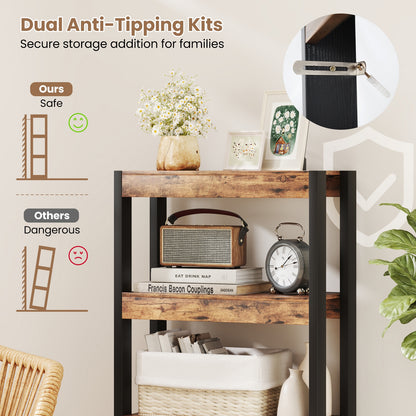 4 Tier Bookshelf Wooden Bookcase with Dual Anti-Tipping Kits-Rustic Brown