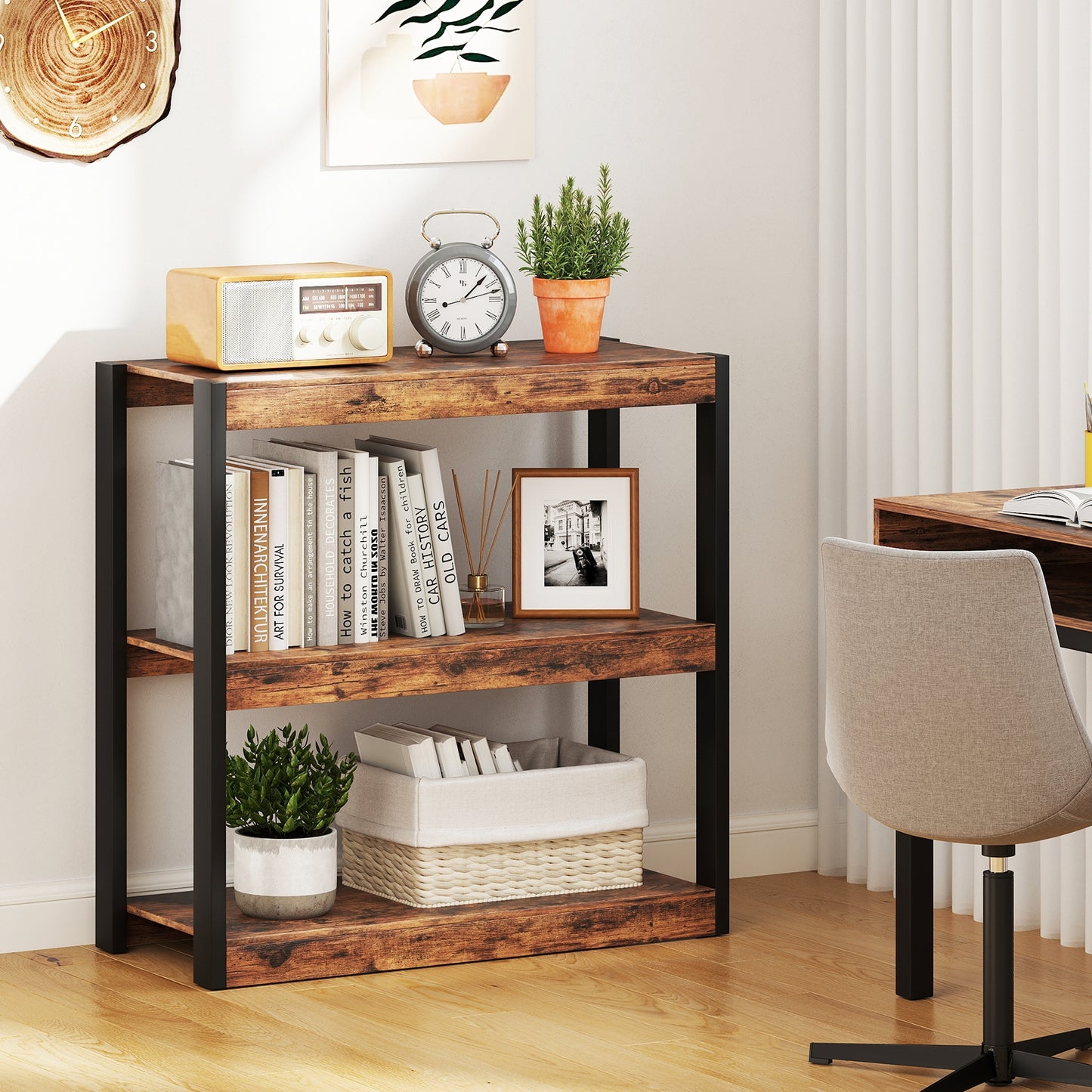 3 Tier Bookshelf Wooden Bookcase with Dual Anti-Tipping Kits-Rustic Brown Kids Crystal