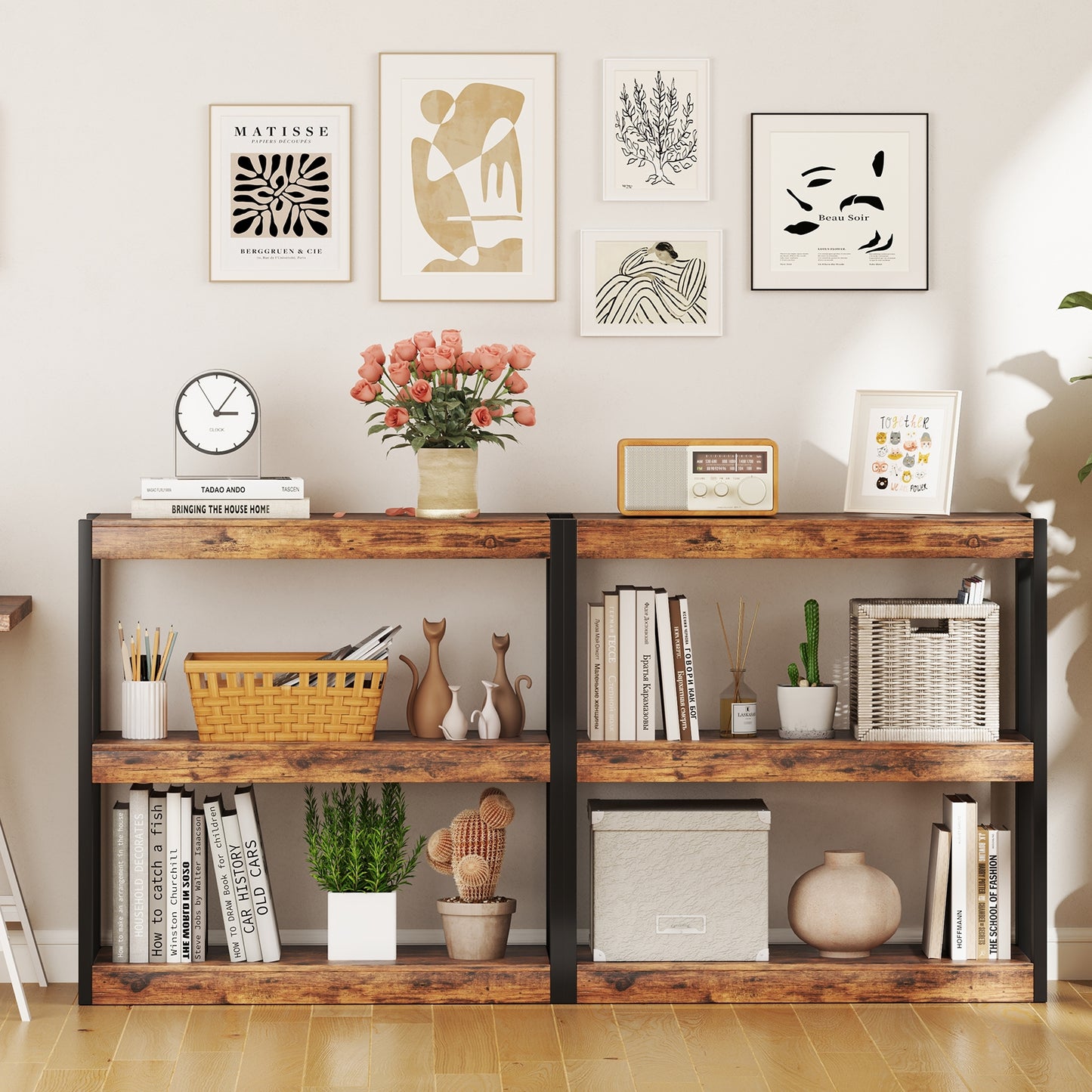 3 Tier Bookshelf Wooden Bookcase with Dual Anti-Tipping Kits-Rustic Brown Kids Crystal