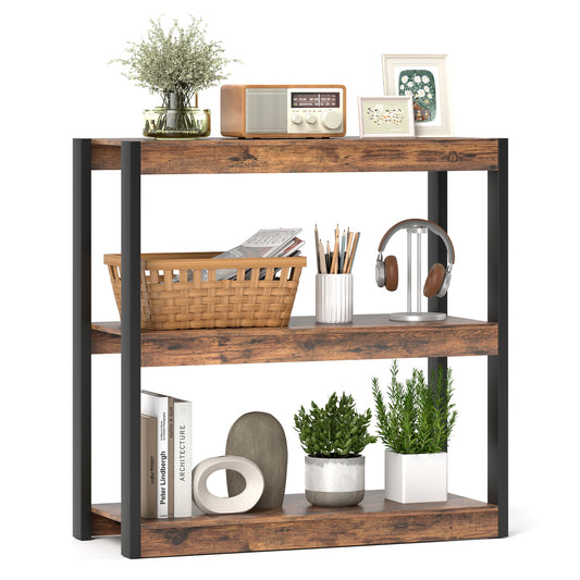 3 Tier Bookshelf Wooden Bookcase with Dual Anti-Tipping Kits-Rustic Brown Kids Crystal
