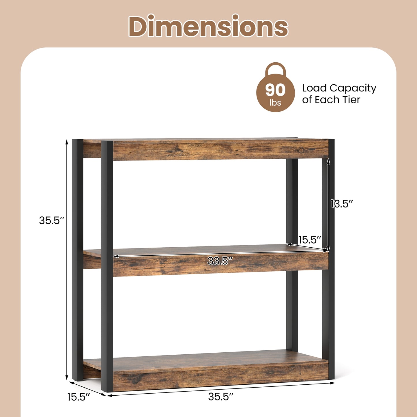 3 Tier Bookshelf Wooden Bookcase with Dual Anti-Tipping Kits-Rustic Brown Kids Crystal