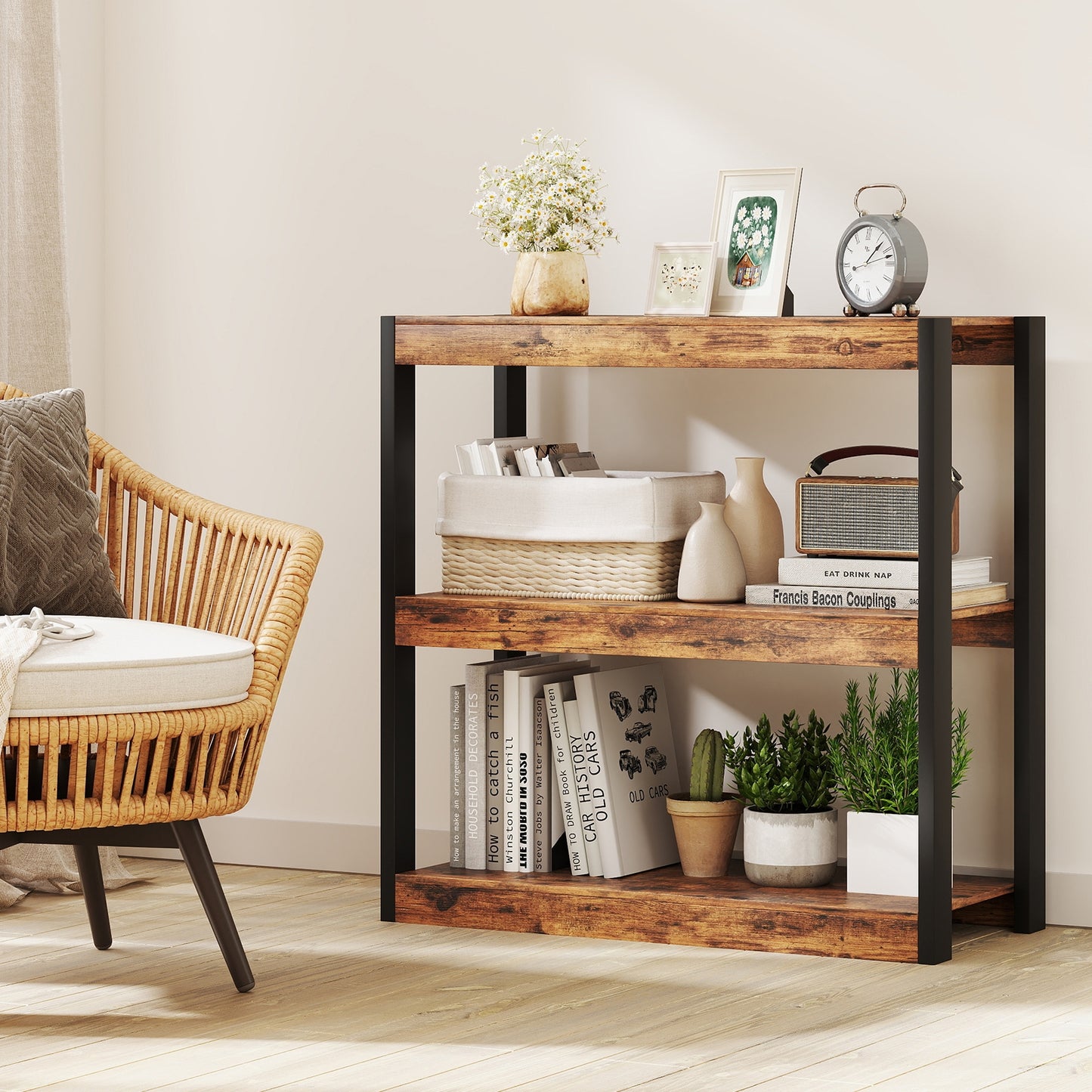 3 Tier Bookshelf Wooden Bookcase with Dual Anti-Tipping Kits-Rustic Brown Kids Crystal