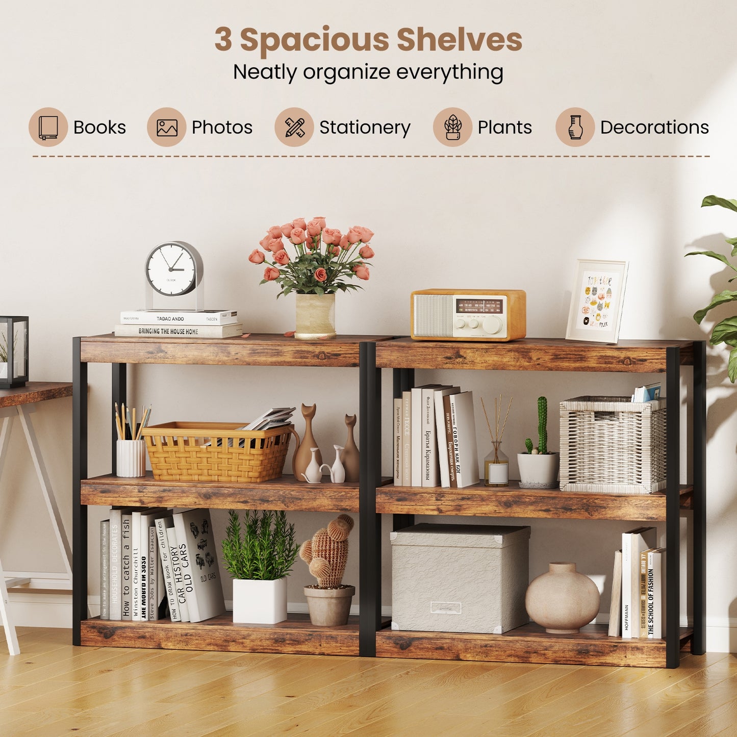 3 Tier Bookshelf Wooden Bookcase with Dual Anti-Tipping Kits-Rustic Brown Kids Crystal