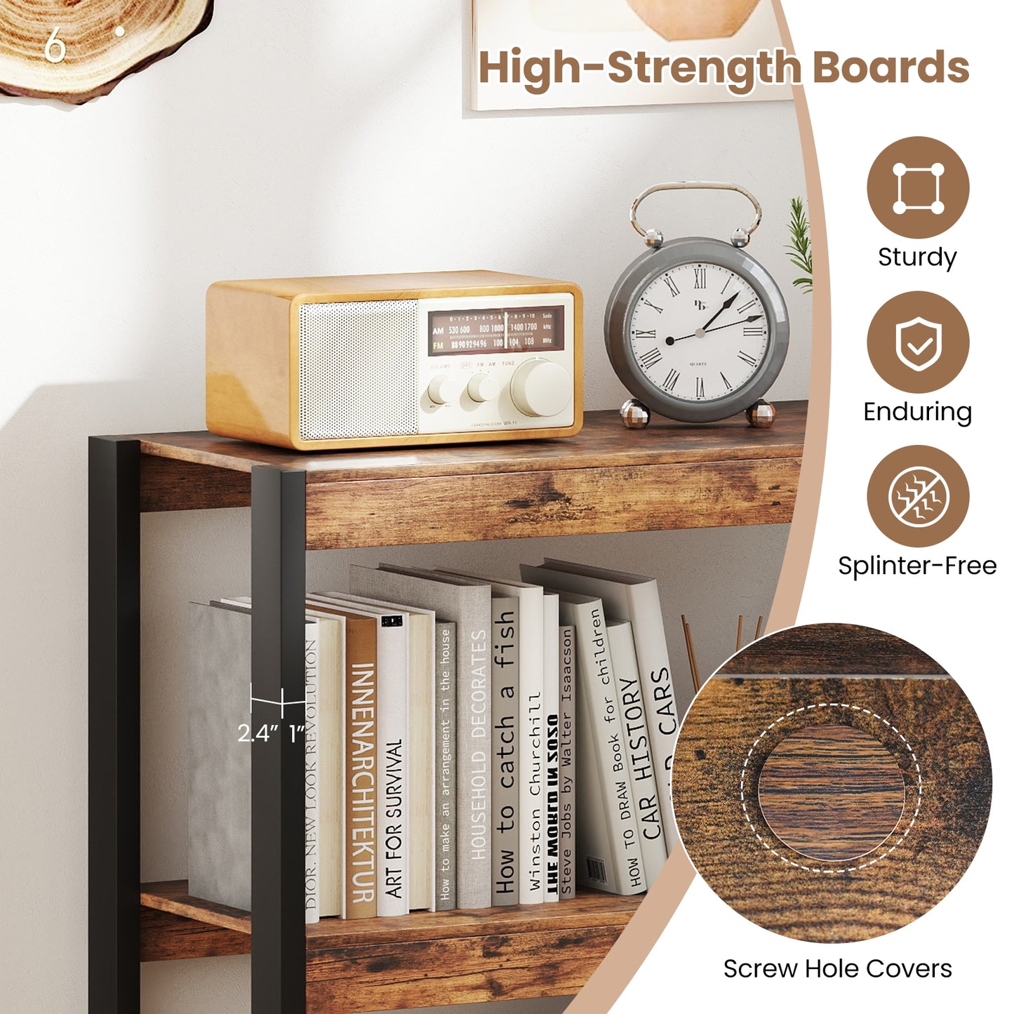 3 Tier Bookshelf Wooden Bookcase with Dual Anti-Tipping Kits-Rustic Brown Kids Crystal