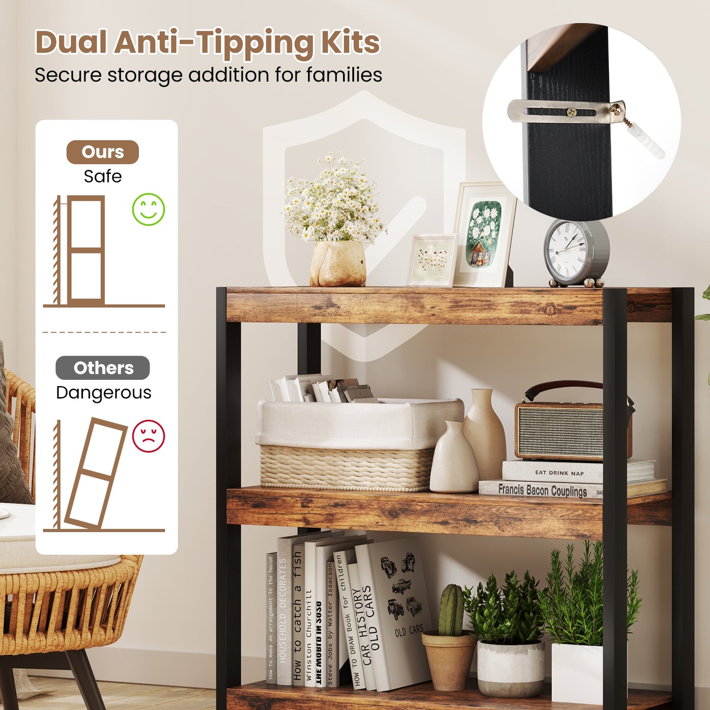 3 Tier Bookshelf Wooden Bookcase with Dual Anti-Tipping Kits-Rustic Brown Kids Crystal