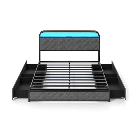 Twin/Full/Queen Size Bed Frame with LED Lights and Charging Station-Queen Size Kids Crystal