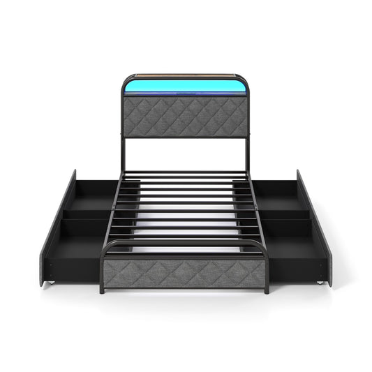 Twin/Full/Queen Size Bed Frame with LED Lights and Charging Station-Twin Size Kids Crystal