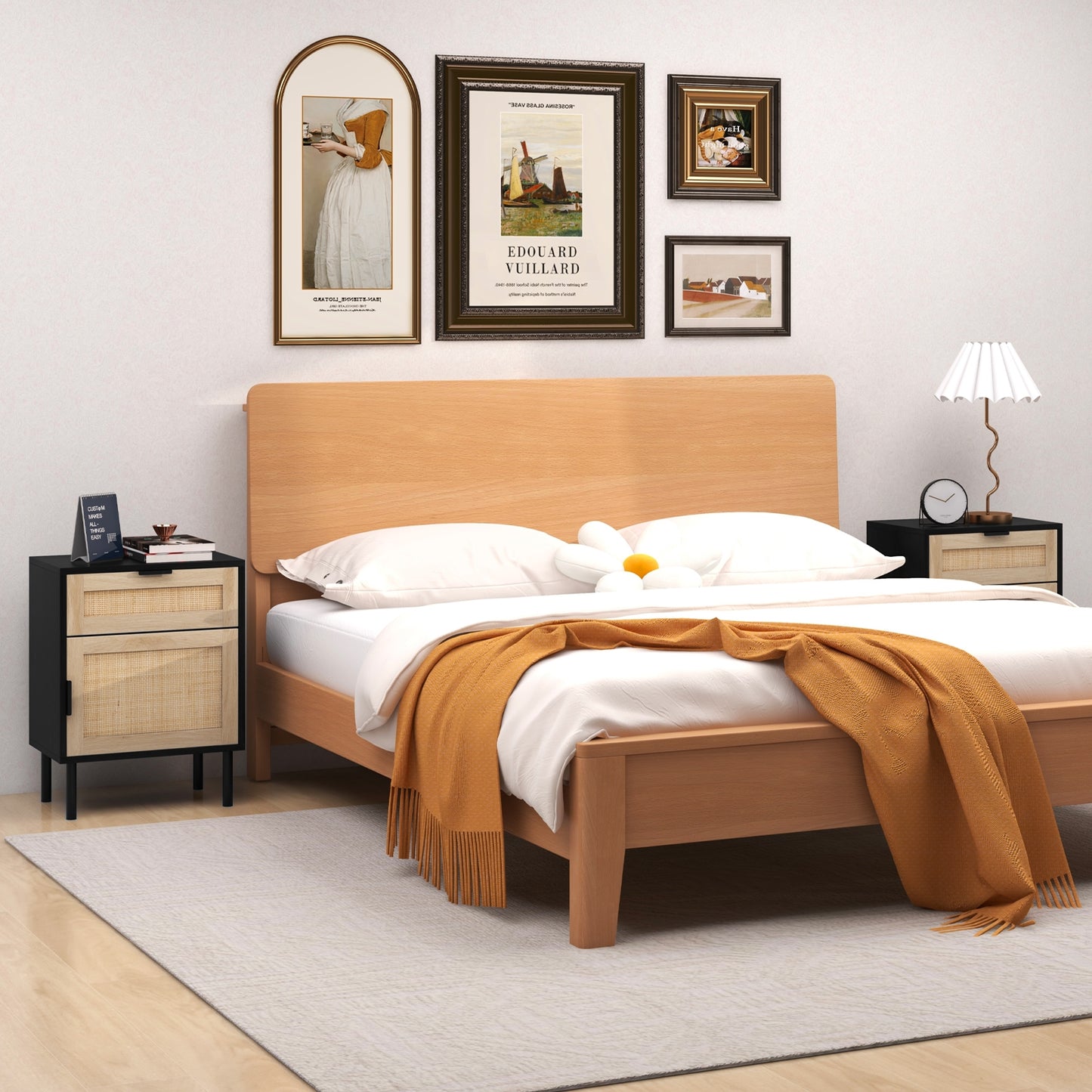 Rattan Nightstand Set of 2 with Drawer and Cabinet-Black Kids Crystal