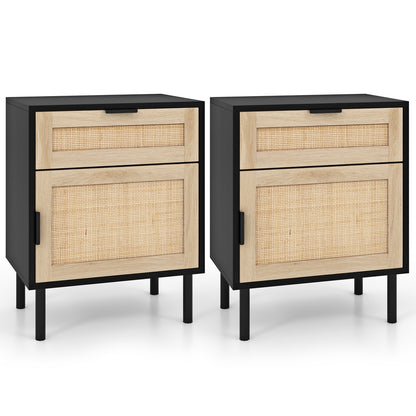 Rattan Nightstand Set of 2 with Drawer and Cabinet-Black