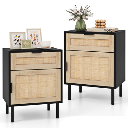 Rattan Nightstand Set of 2 with Drawer and Cabinet-Black