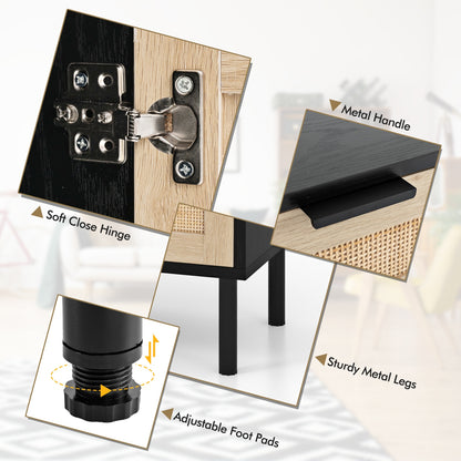 Rattan Nightstand Set of 2 with Drawer and Cabinet-Black