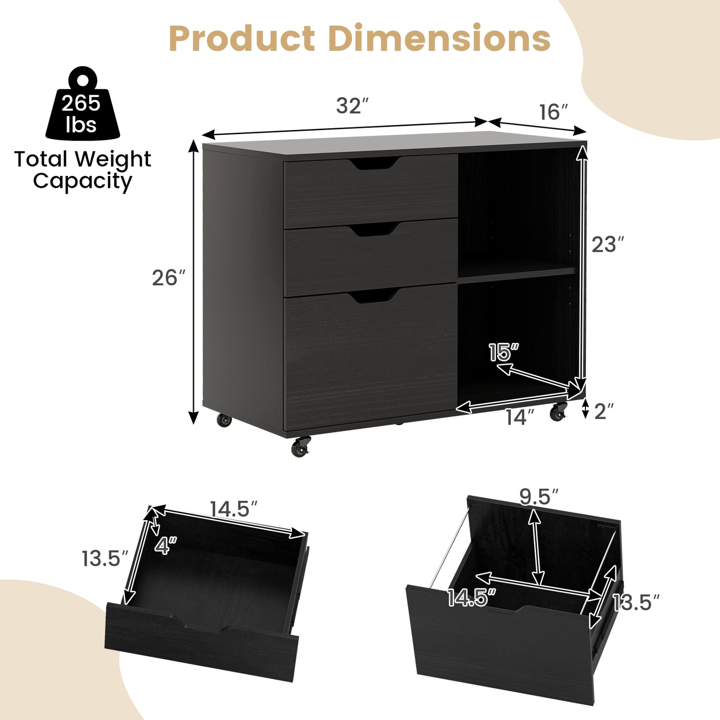 3-Drawer File Cabinet with Adjustable Shelf and Wheels for Letter-Black Kids Crystal