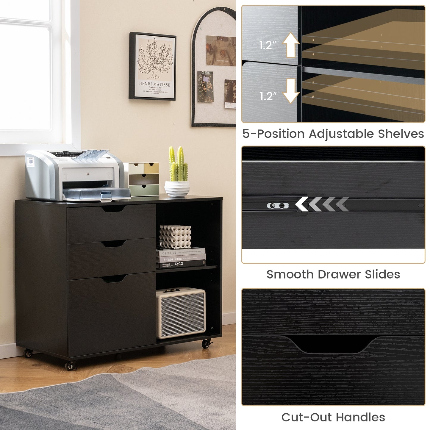 3-Drawer File Cabinet with Adjustable Shelf and Wheels for Letter-Black Kids Crystal