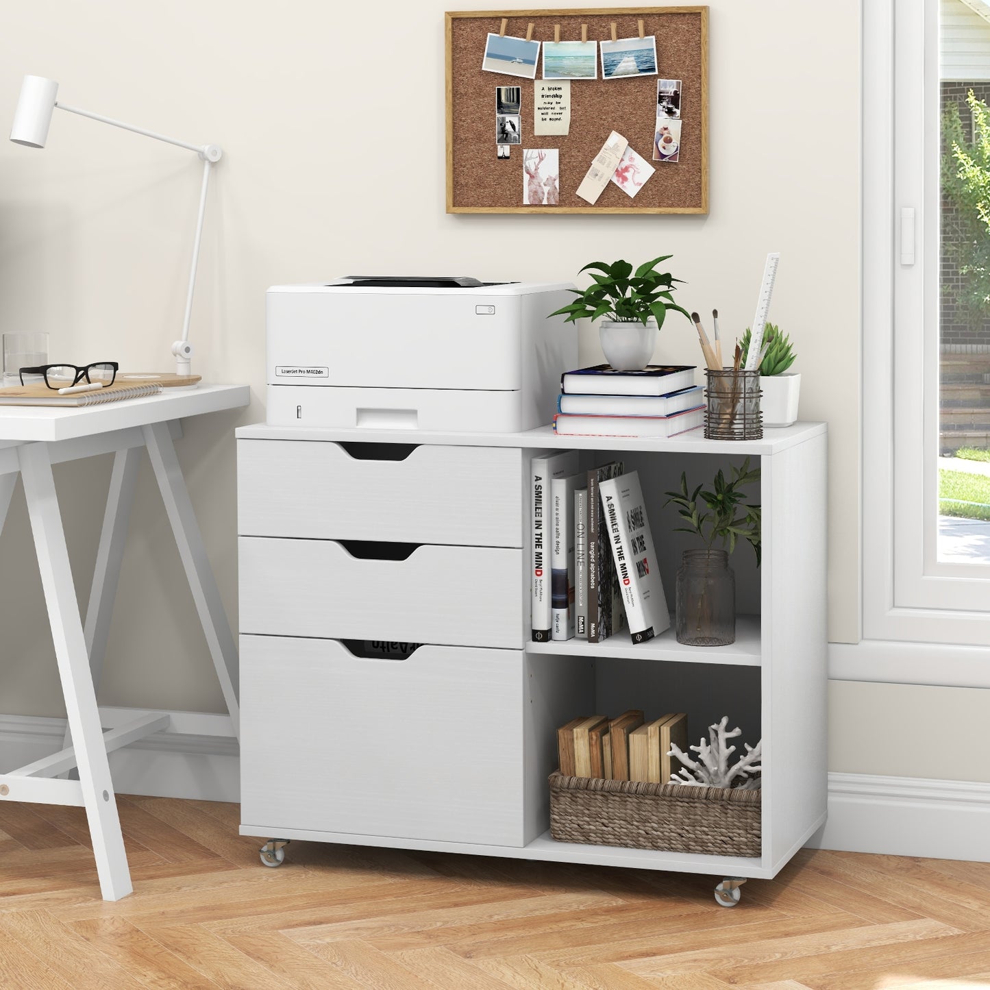 3-Drawer File Cabinet with Adjustable Shelf and Wheels for Letter-White Kids Crystal