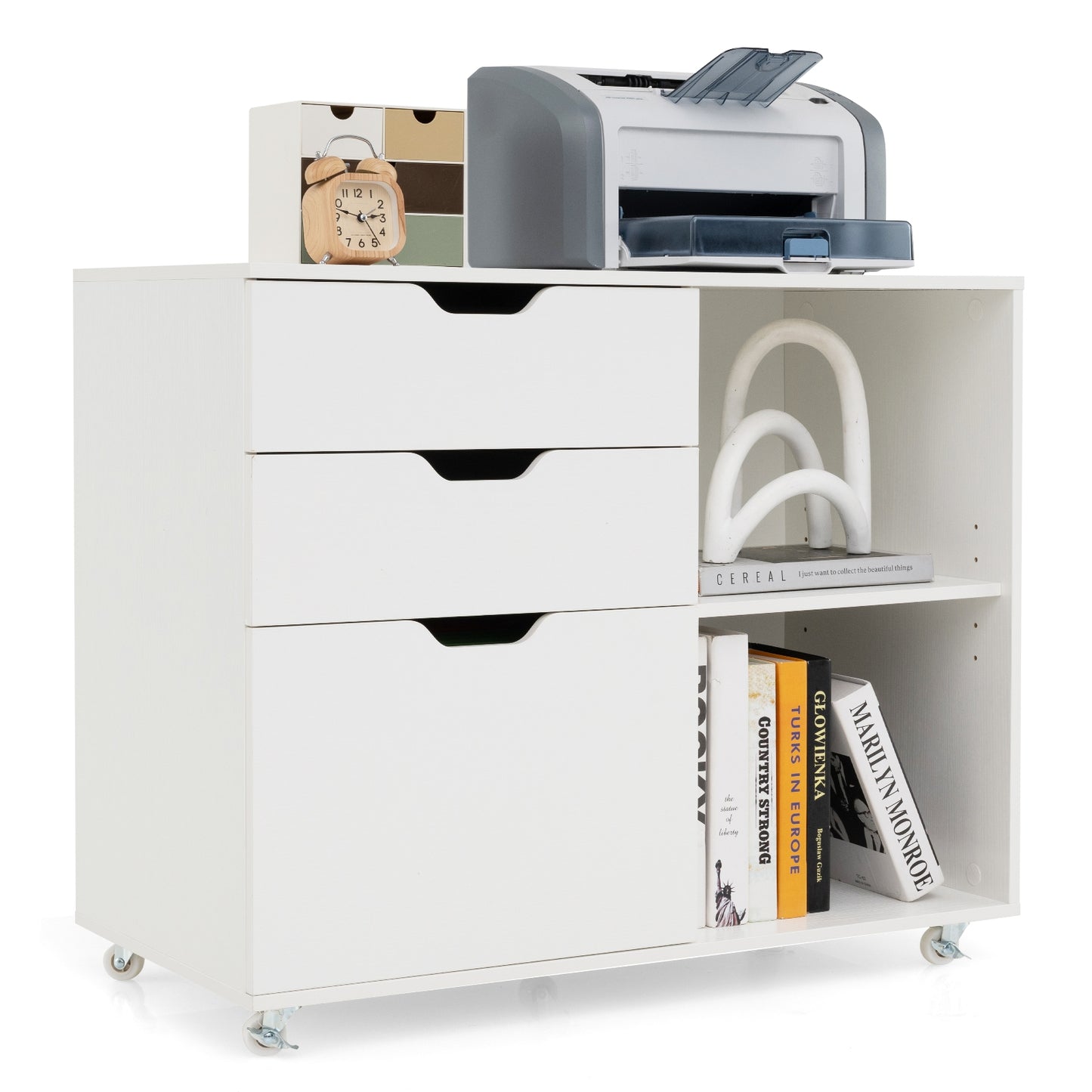 3-Drawer File Cabinet with Adjustable Shelf and Wheels for Letter-White Kids Crystal