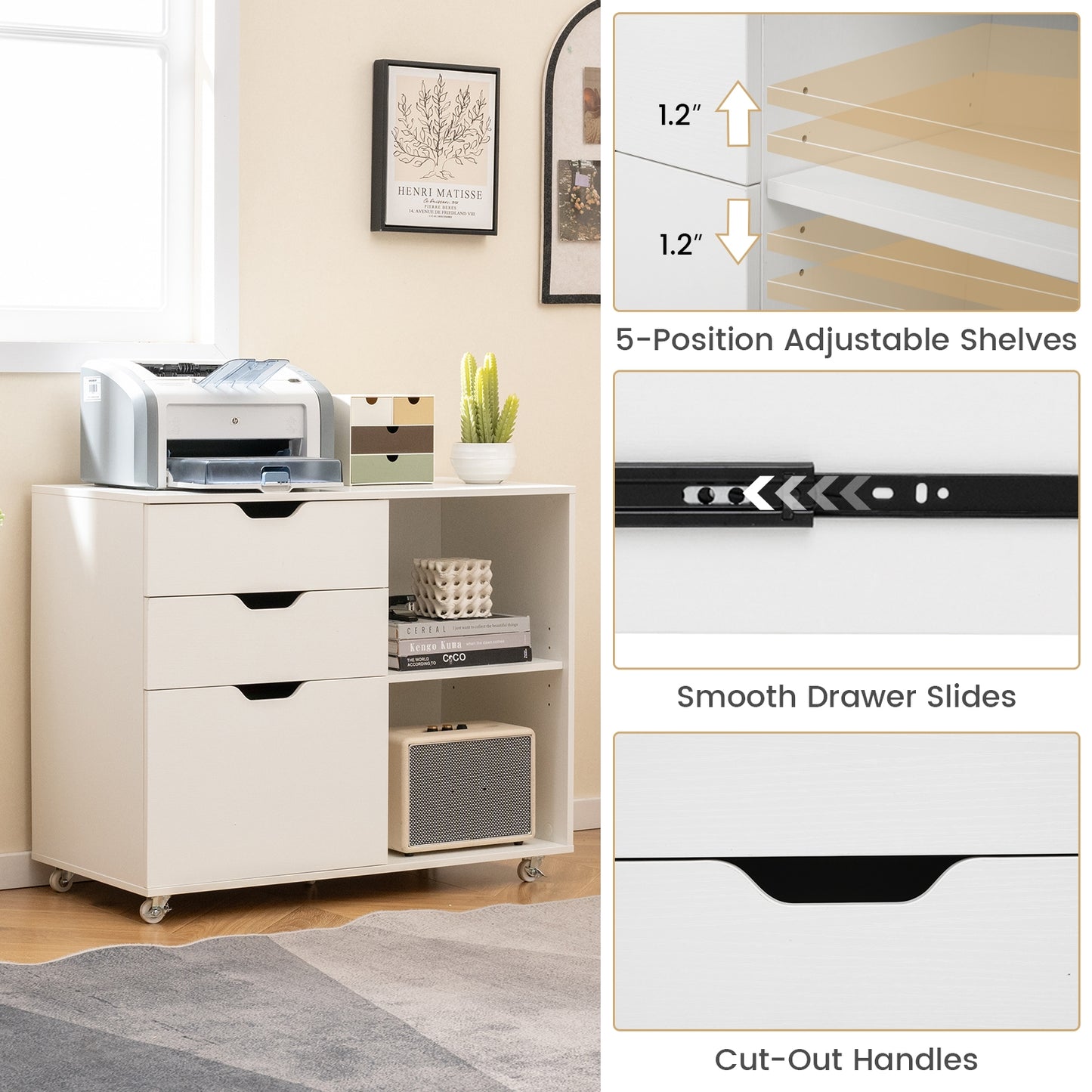 3-Drawer File Cabinet with Adjustable Shelf and Wheels for Letter-White Kids Crystal