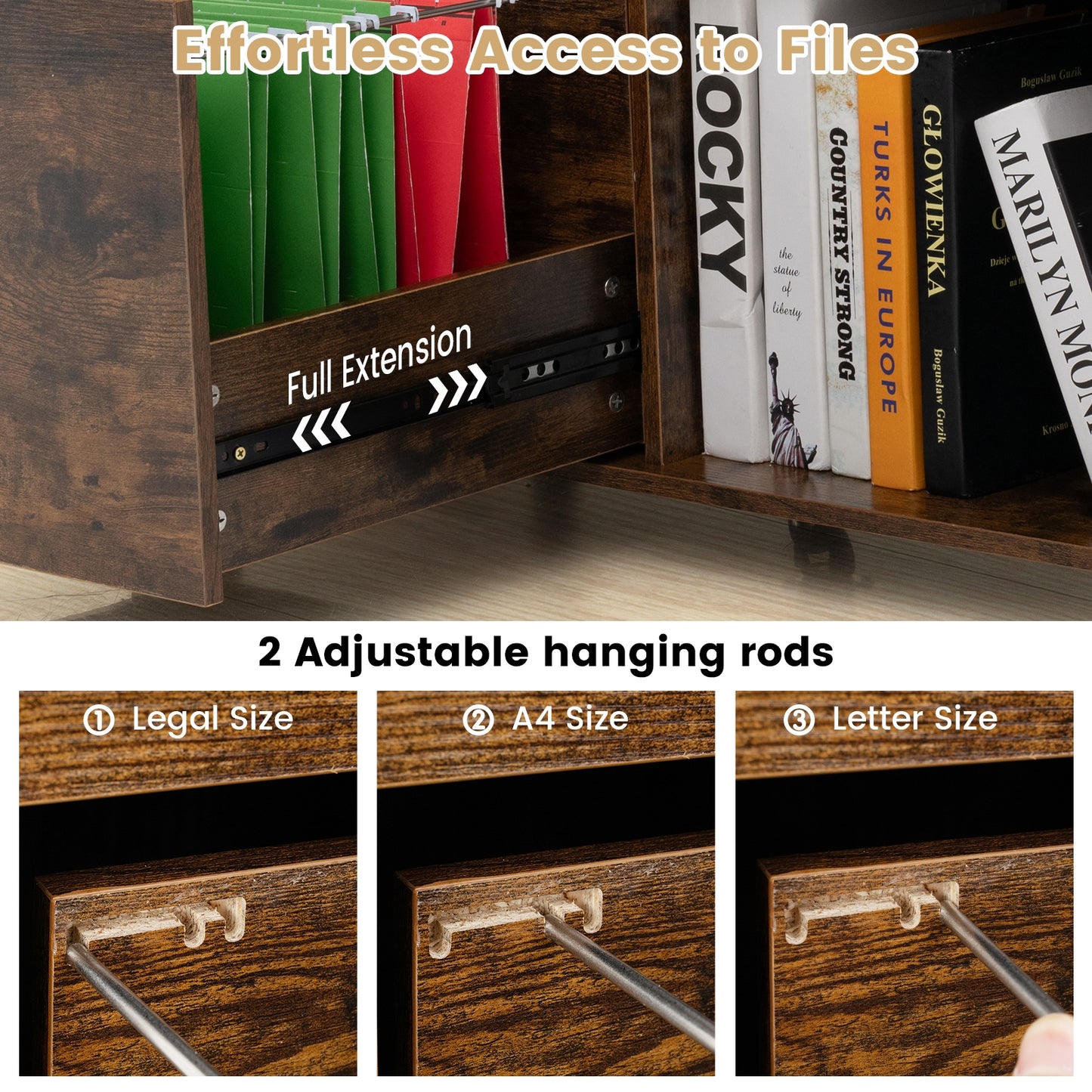 3-Drawer File Cabinet with Adjustable Shelf and Wheels for Letter-Rustic Brown Kids Crystal