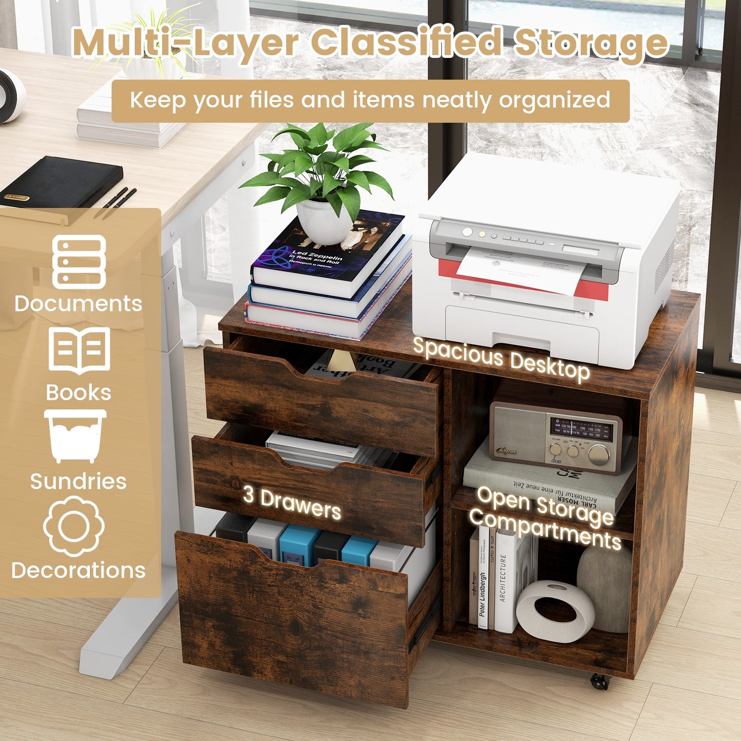 3-Drawer File Cabinet with Adjustable Shelf and Wheels for Letter-Rustic Brown Kids Crystal