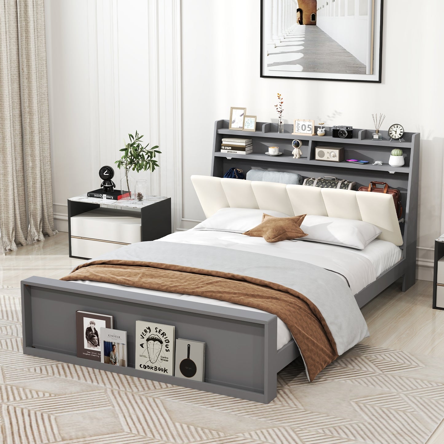 Full Size Bed Frame with Storage Modern Platform Bed with Headboard-Full Size Kids Crystal