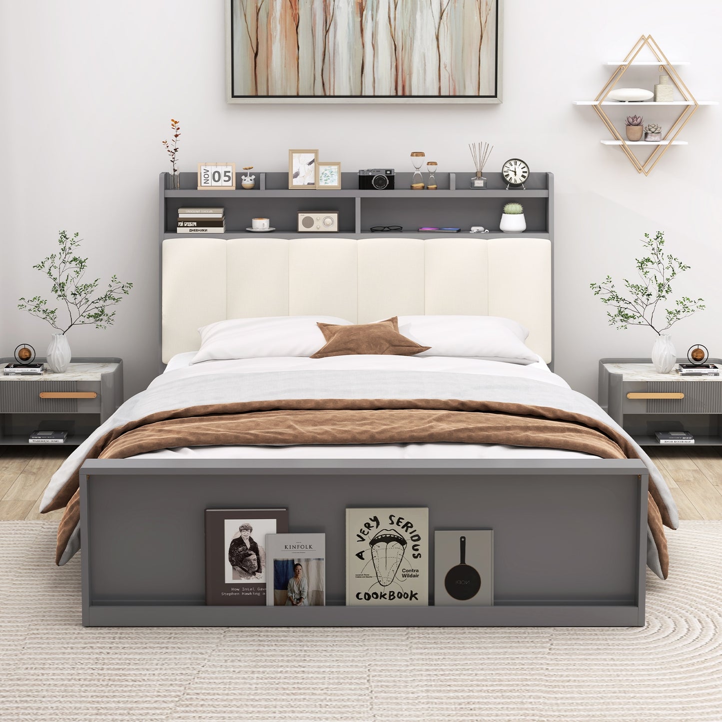 Full Size Bed Frame with Storage Modern Platform Bed with Headboard-Full Size Kids Crystal