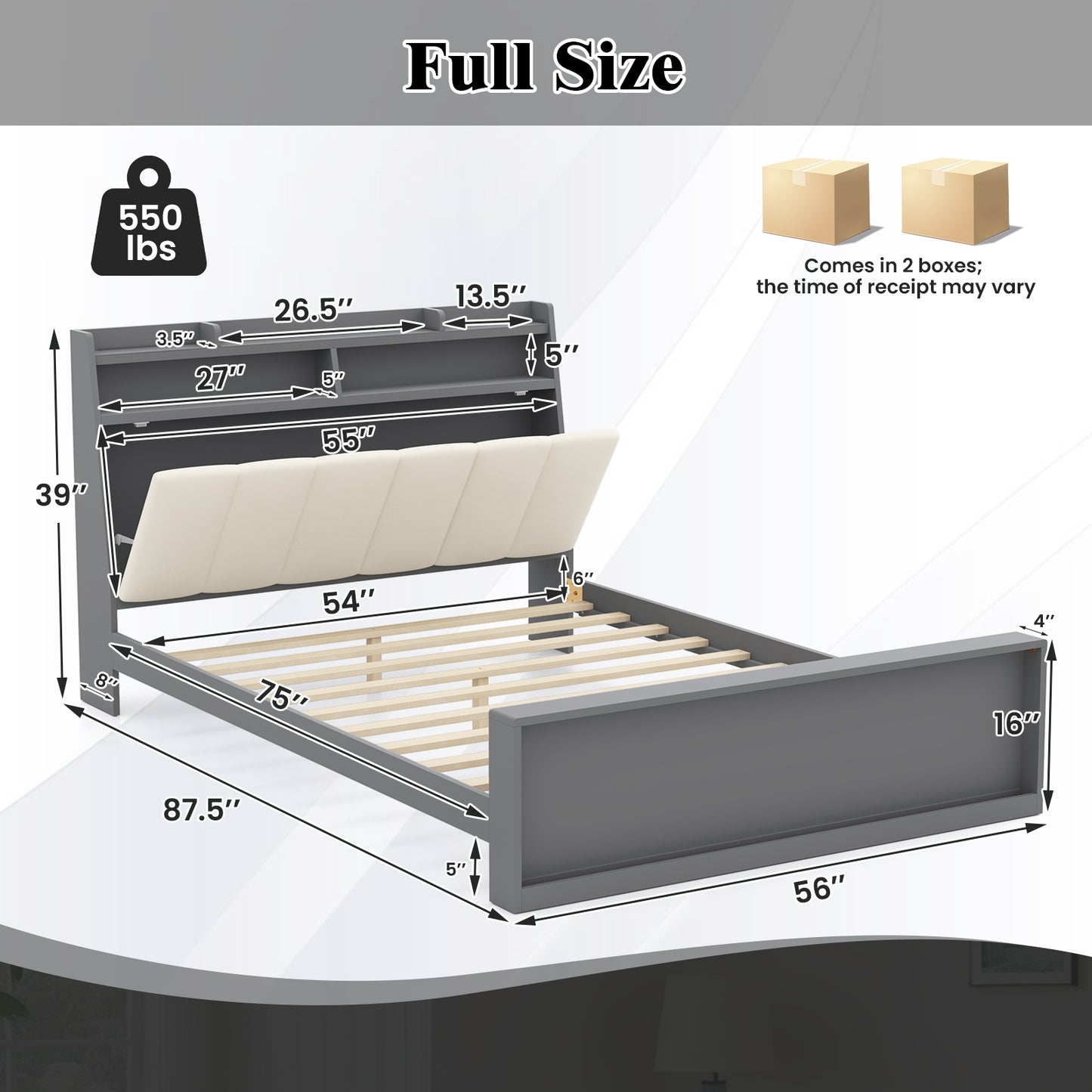 Full Size Bed Frame with Storage Modern Platform Bed with Headboard-Full Size Kids Crystal