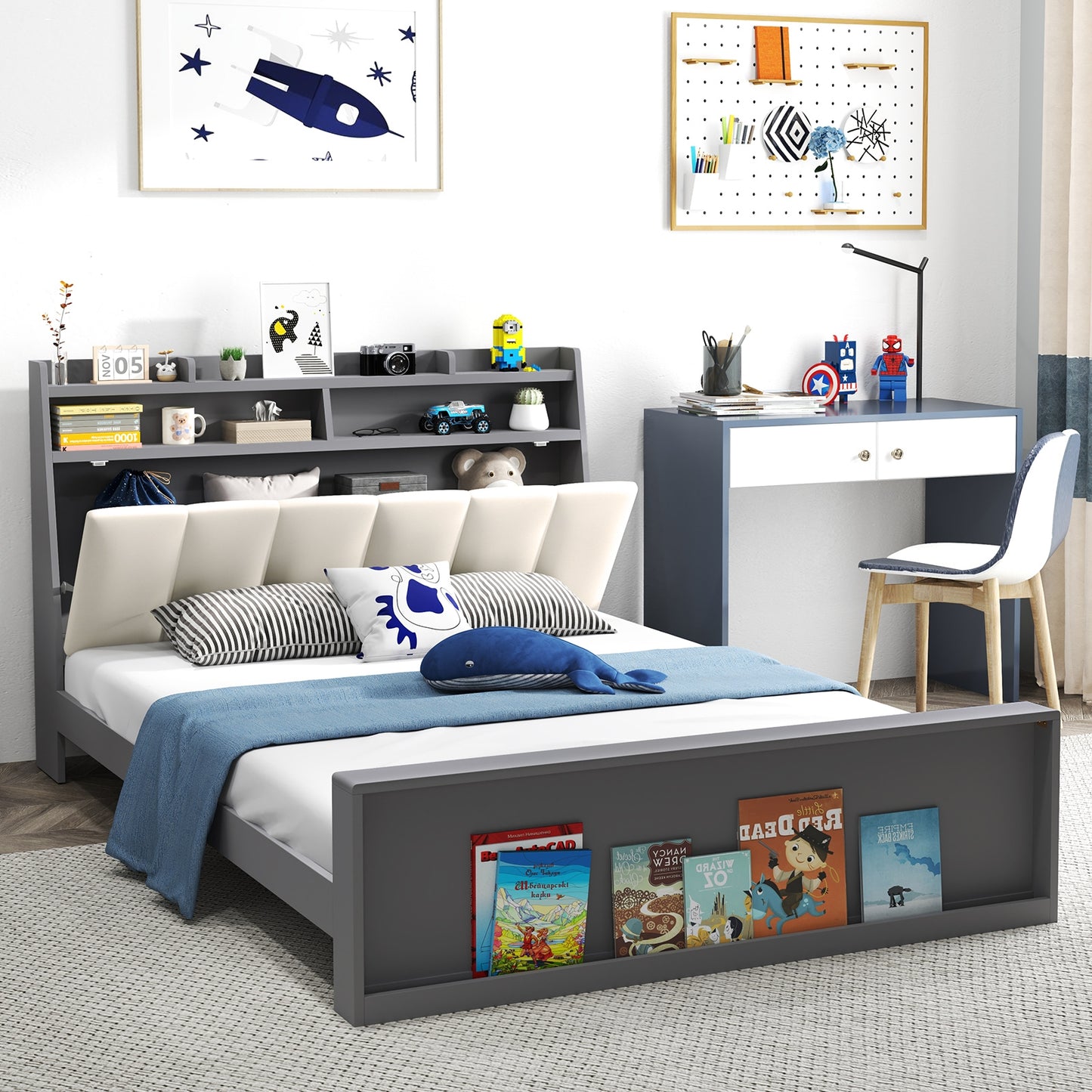 Full Size Bed Frame with Storage Modern Platform Bed with Headboard-Full Size Kids Crystal