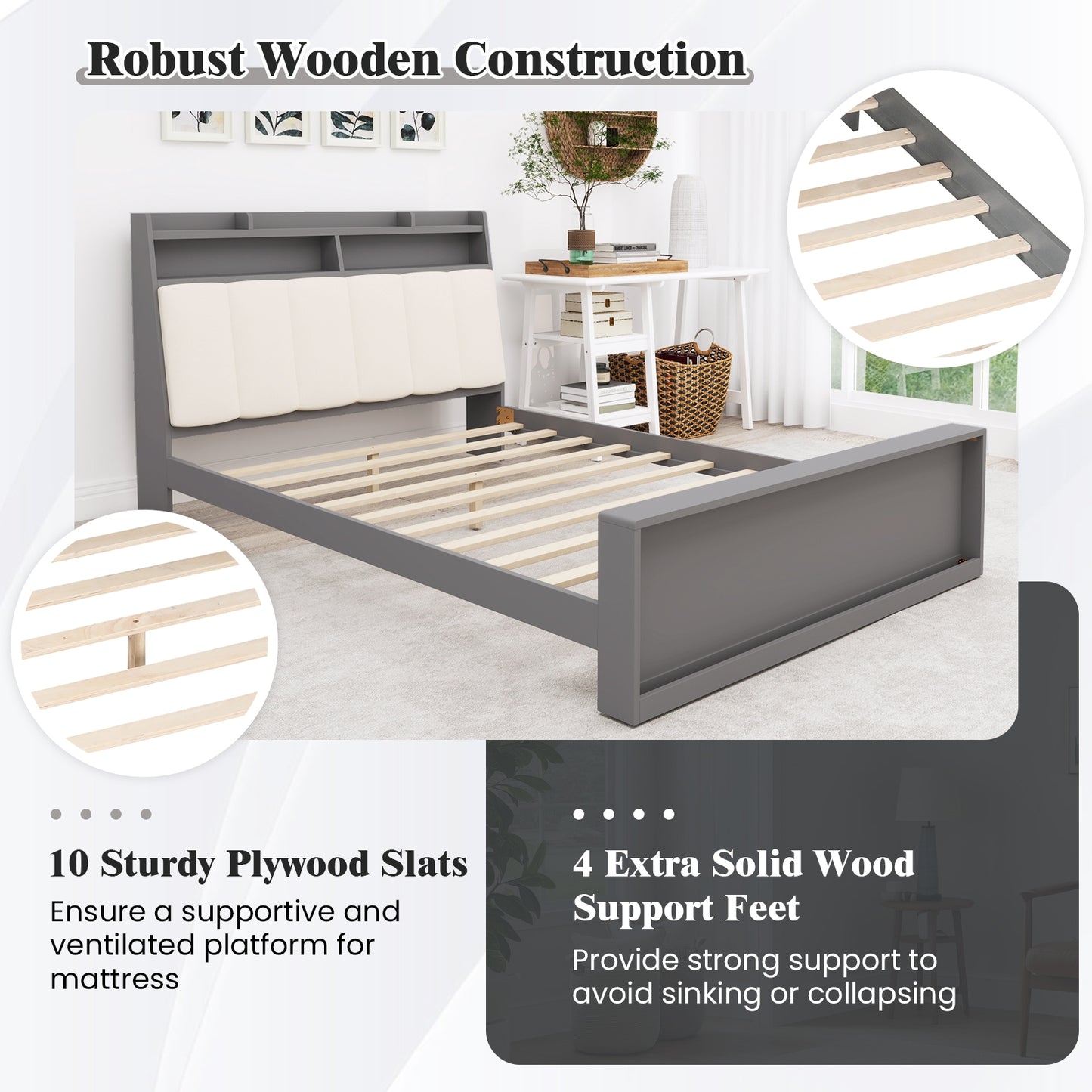 Full Size Bed Frame with Storage Modern Platform Bed with Headboard-Full Size Kids Crystal