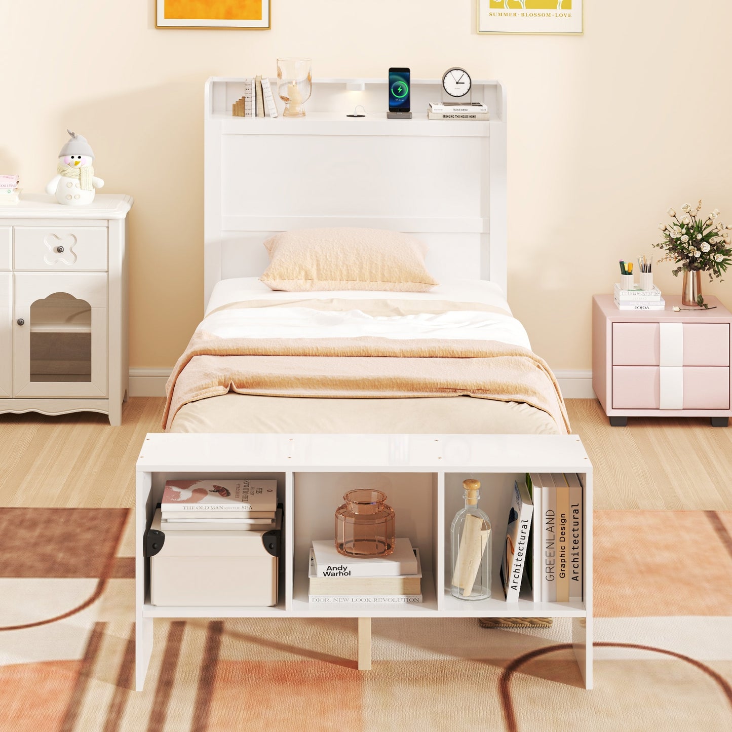 Twin Size Bed Frame with 2 USB Ports with Storage Headboard and Lights-Twin Size Kids Crystal