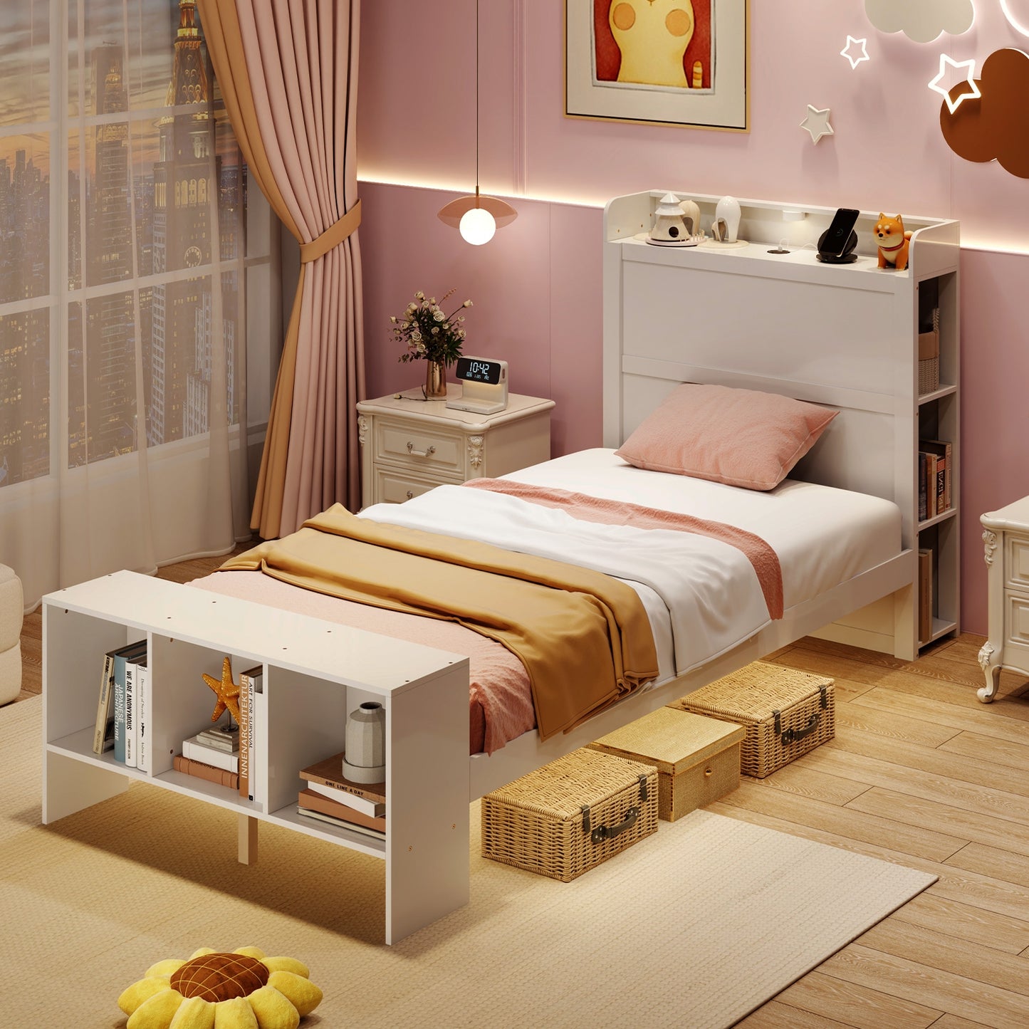 Twin Size Bed Frame with 2 USB Ports with Storage Headboard and Lights-Twin Size Kids Crystal