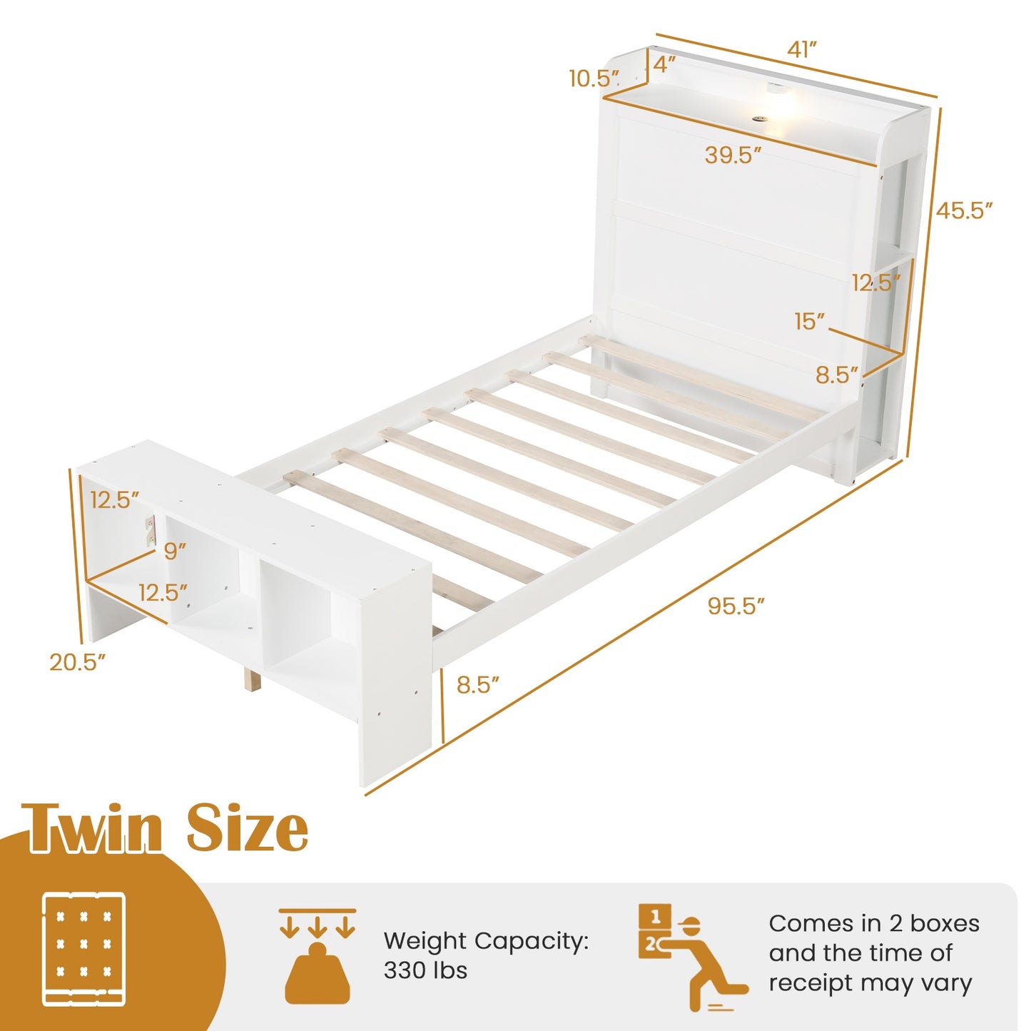 Twin Size Bed Frame with 2 USB Ports with Storage Headboard and Lights-Twin Size Kids Crystal