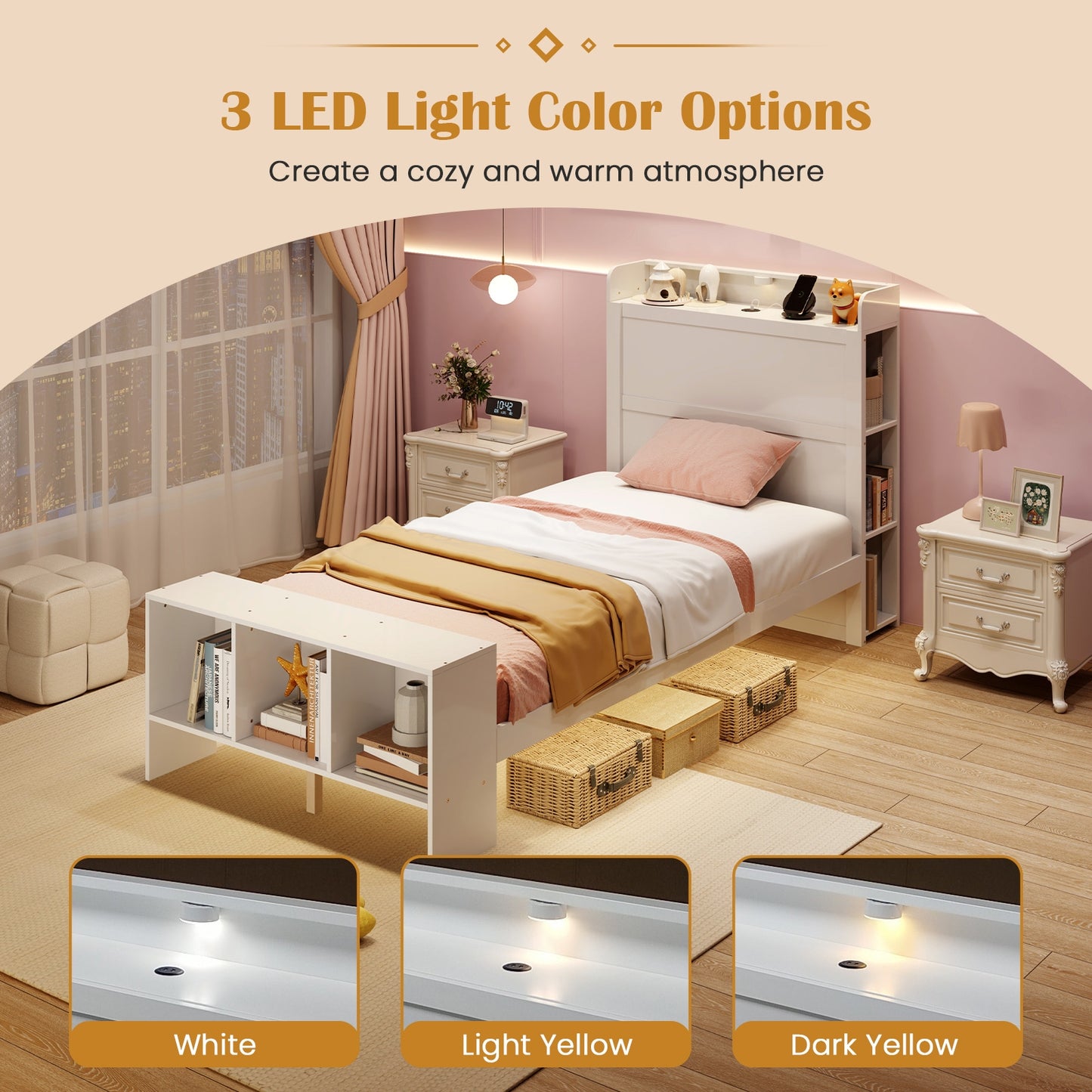 Twin Size Bed Frame with 2 USB Ports with Storage Headboard and Lights-Twin Size Kids Crystal
