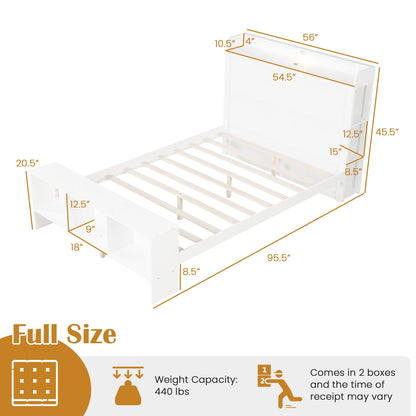 Full Size Bed Frame with 2 USB Ports with Storage Headboard and Lights-Full Size