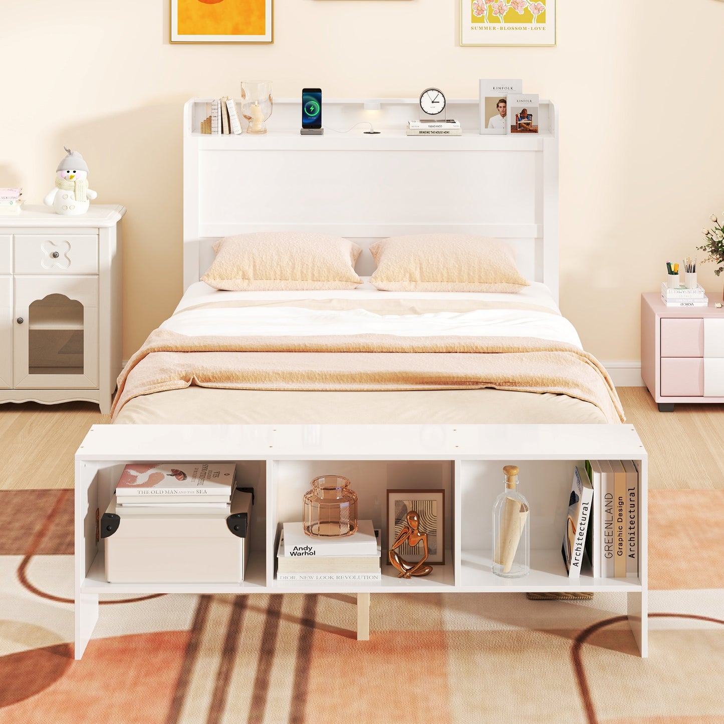 Full Size Bed Frame with 2 USB Ports with Storage Headboard and Lights-Full Size Kids Crystal