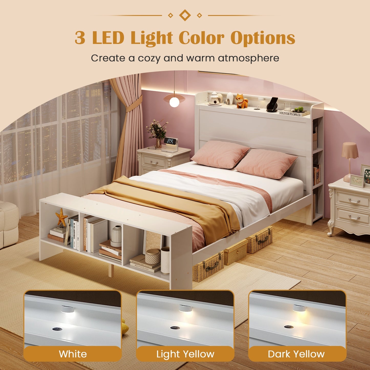 Full Size Bed Frame with 2 USB Ports with Storage Headboard and Lights-Full Size Kids Crystal