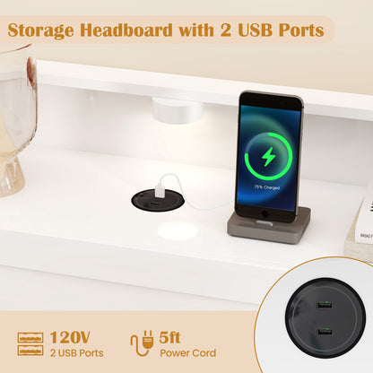 Full Size Bed Frame with 2 USB Ports with Storage Headboard and Lights-Full Size