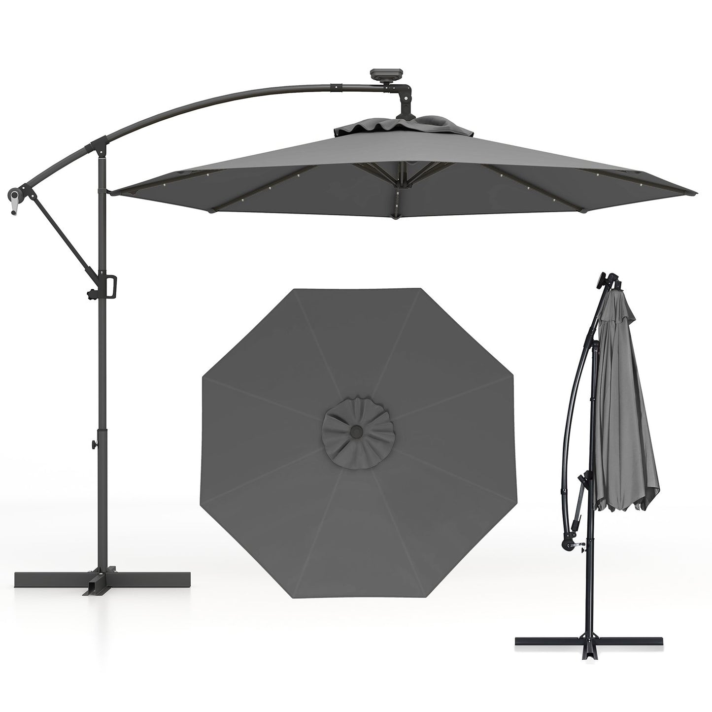 10 Feet 360° Rotation Solar Powered LED Patio Offset Umbrella without Weight Base-Gray Kids Crystal