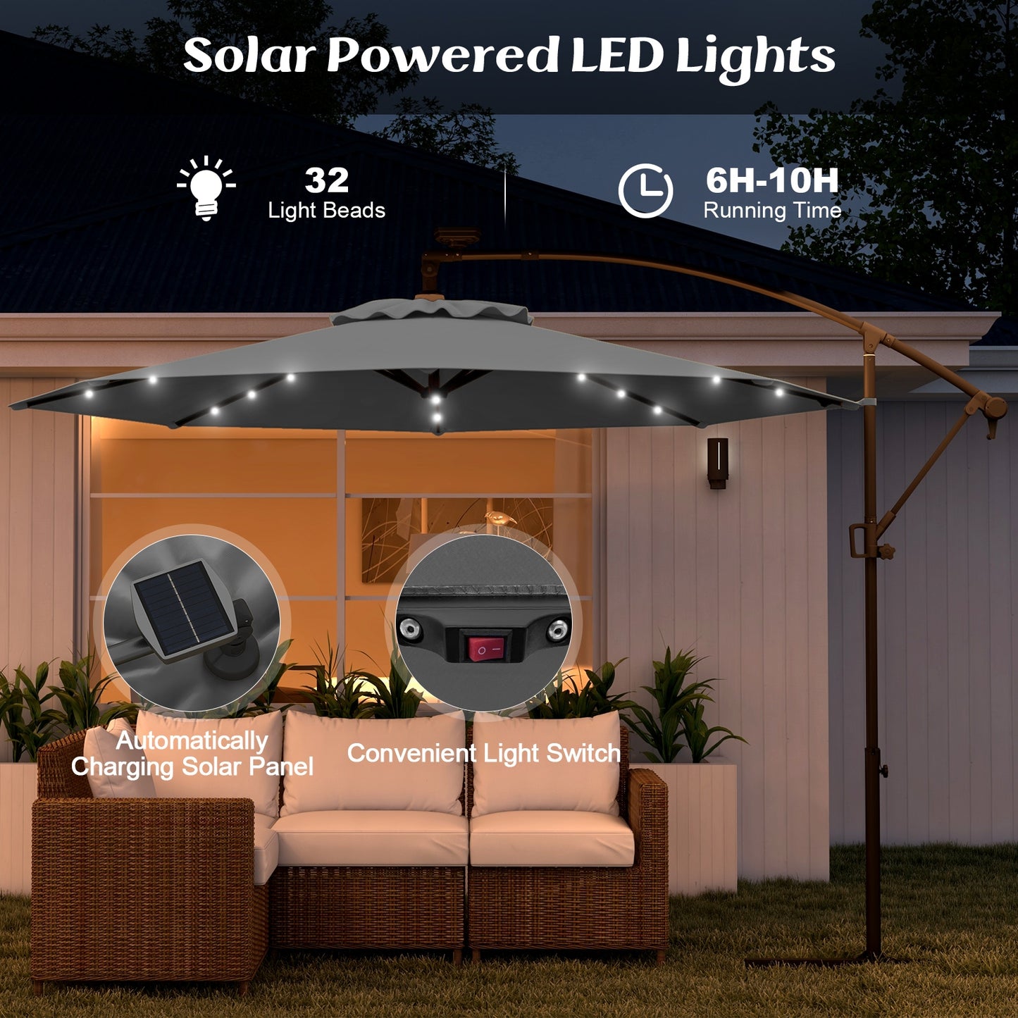 10 Feet 360° Rotation Solar Powered LED Patio Offset Umbrella without Weight Base-Gray Kids Crystal