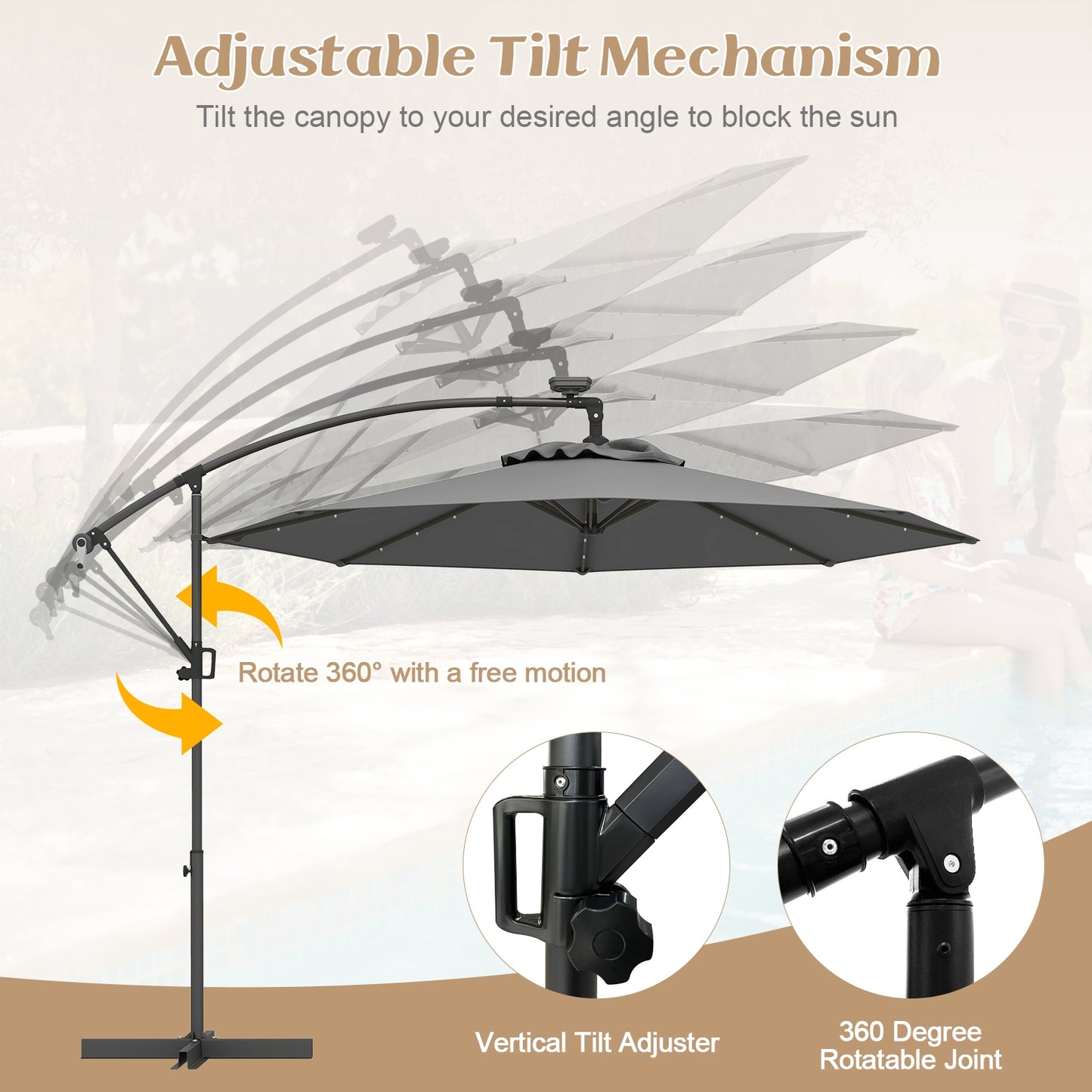 10 Feet 360° Rotation Solar Powered LED Patio Offset Umbrella without Weight Base-Gray Kids Crystal