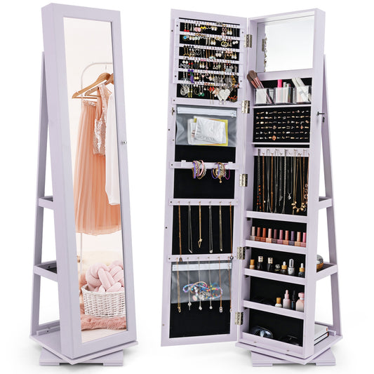 360° Rotatable 2-in-1 Lockable Jewelry Cabinet with Full-Length Mirror-Purple