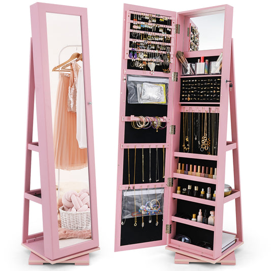 360° Rotatable 2-in-1 Lockable Jewelry Cabinet with Full-Length Mirror-Pink