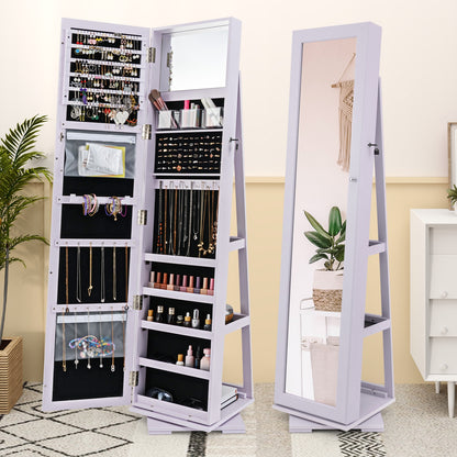 360° Rotatable 2-in-1 Lockable Jewelry Cabinet with Full-Length Mirror-Purple