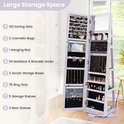 360° Rotatable 2-in-1 Lockable Jewelry Cabinet with Full-Length Mirror-Purple