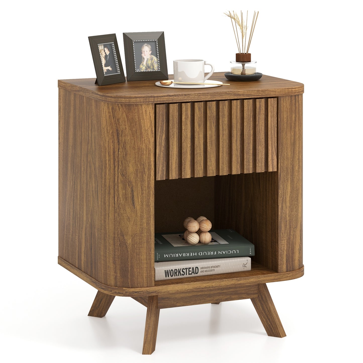Mid-century Wood Nightstand with Drawer and Open Shelf-Walnut Kids Crystal
